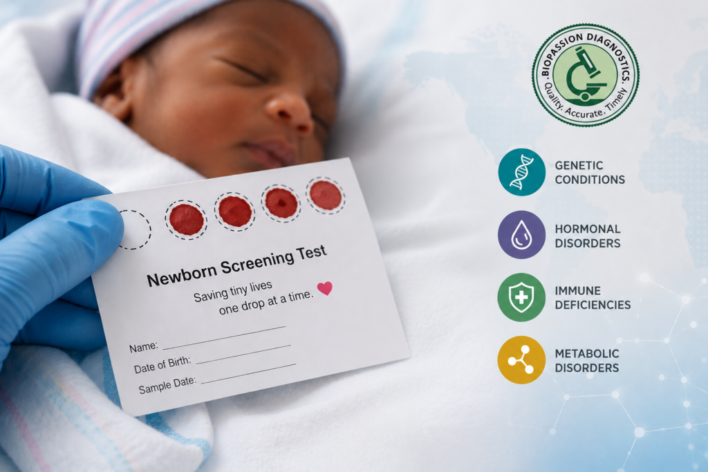 Newborn screening blood spot test for early detection of genetic, hormonal, immune, and metabolic conditions.