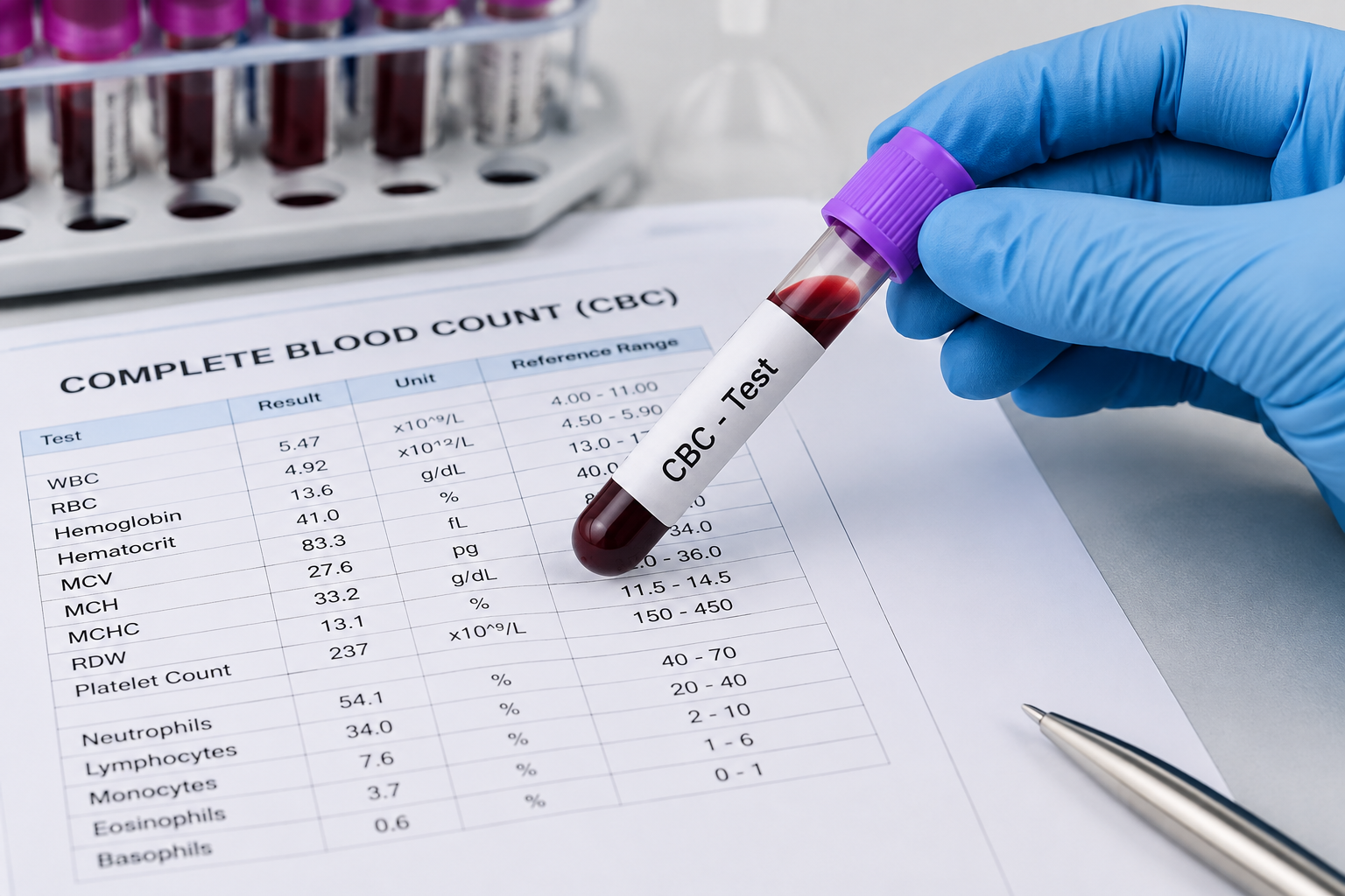 CBC blood test tube and Complete Blood Count laboratory report showing blood cell results
