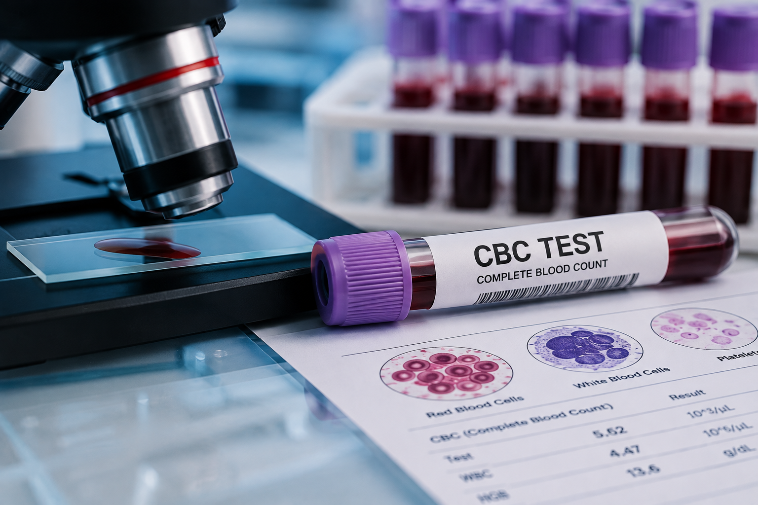 CBC blood test tube beside a microscope and blood cell analysis showing red blood cells, white blood cells and platelets in a medical laboratory