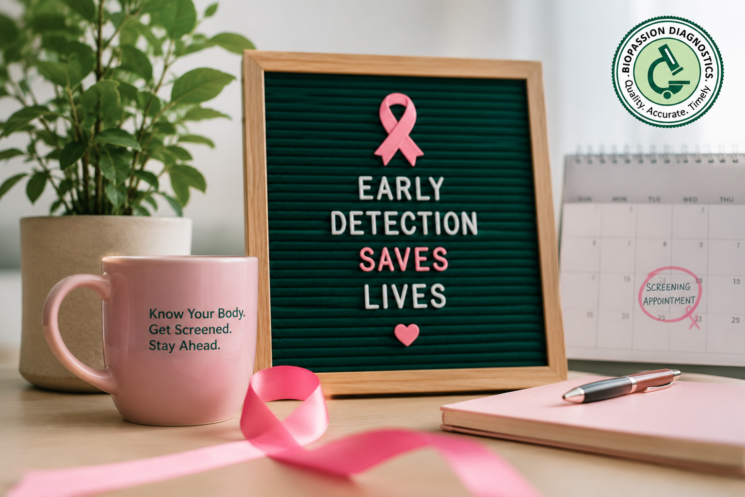 Breast cancer awareness scene featuring a pink ribbon, early detection message, screening appointment calendar, and health reminders promoting regular breast cancer screening