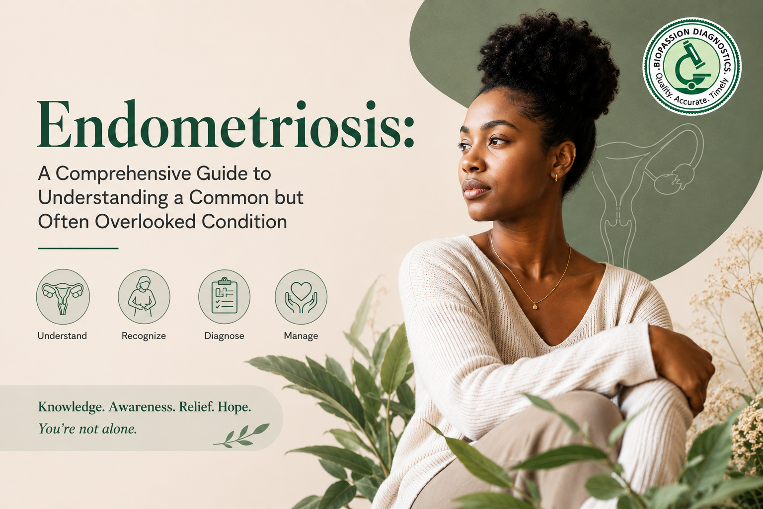 endometriosis awareness with a uterine health illustration and Biopassion Diagnostics logo