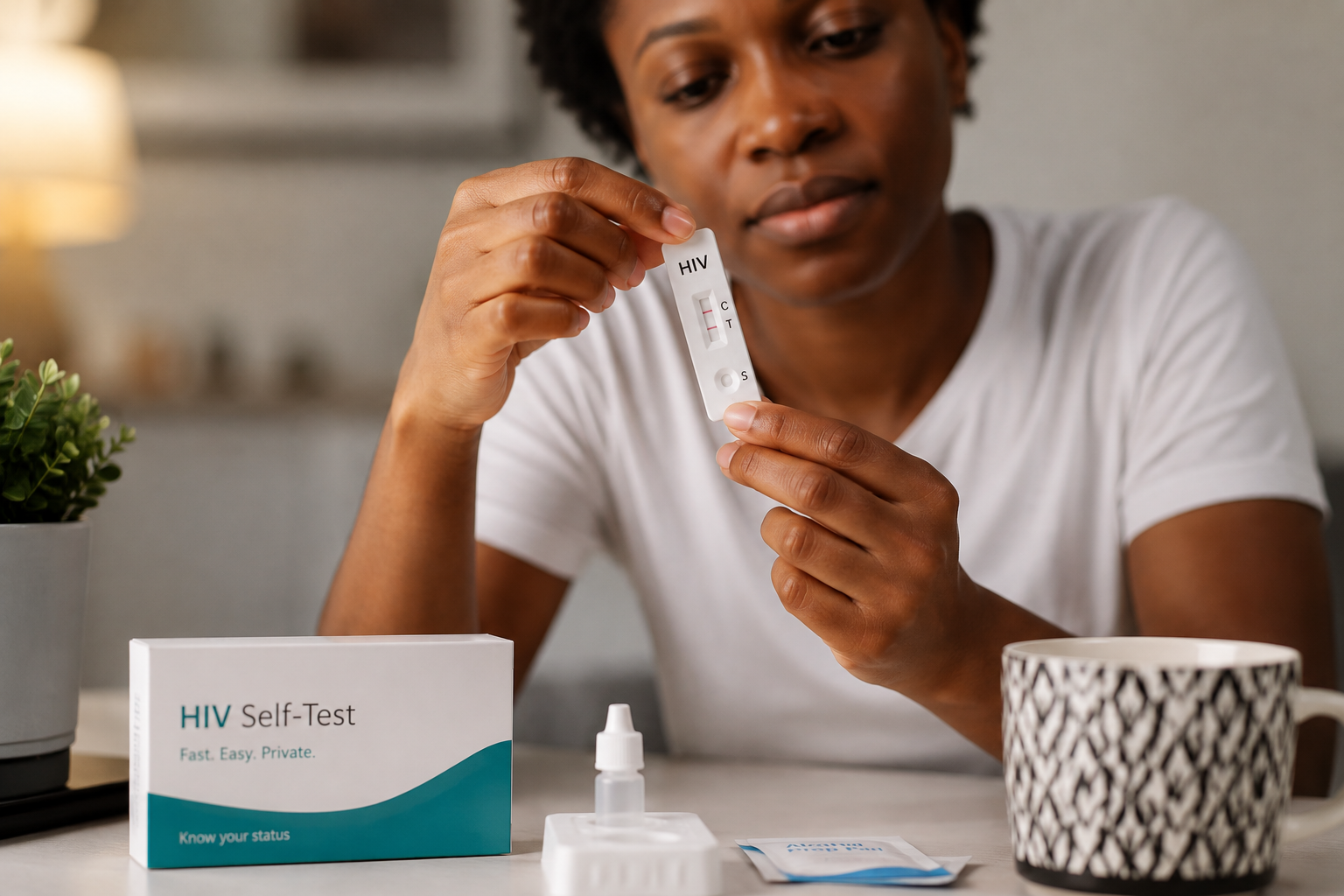 Black woman performing a private HIV self-test at home using a rapid HIV testing kit