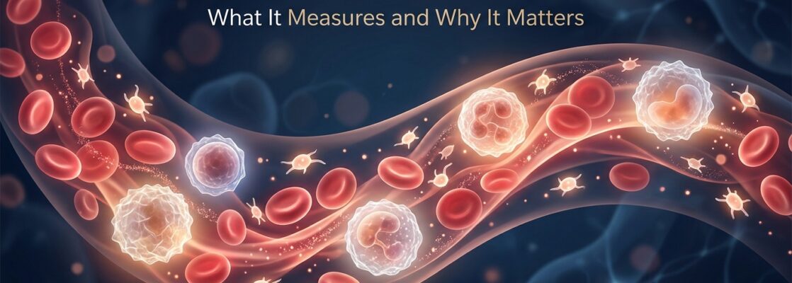 Modern biological scientific illustration of circulating red blood cells, white immune cells, and platelets in a micro-stream for a Full Blood Count article